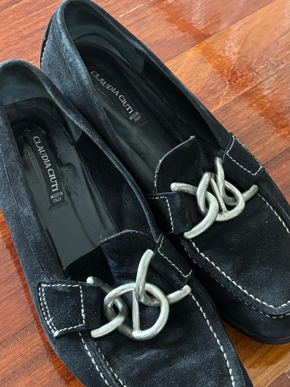 Claudia Ciuti Black Suede Loafers with Silver Knot Hardware